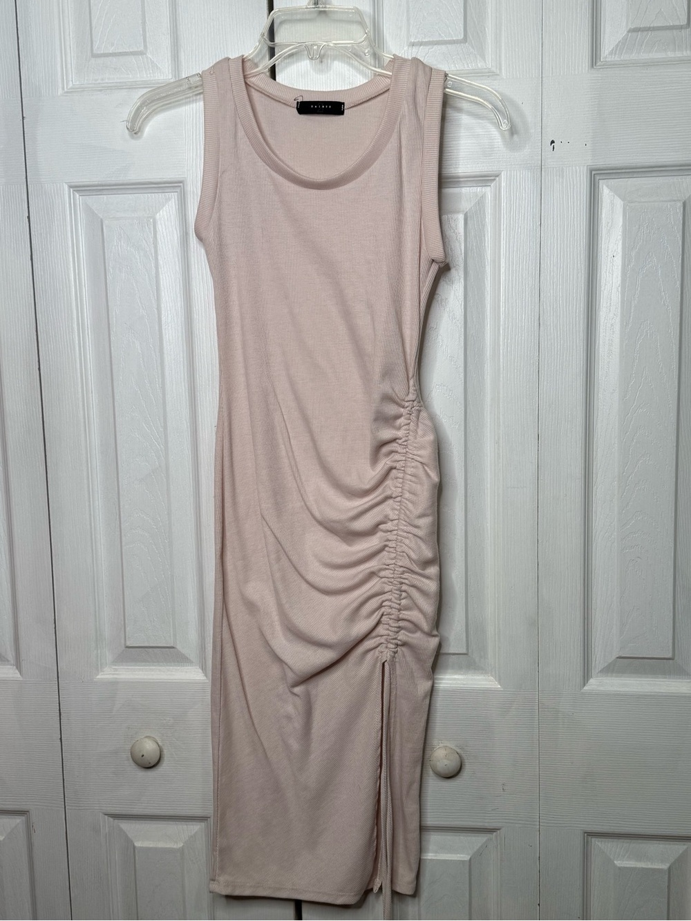 Woman’s Sleeveless Ruched Side Midi Bodycon Tank Dress in Soft Pink, Size Medium